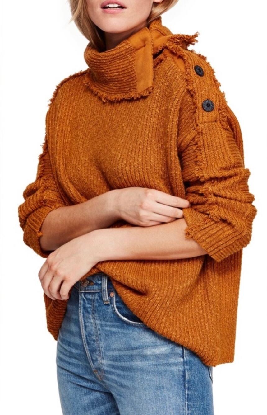 Free People On My Side Button Turtleneck Sweater XS Golden Mustard Brown